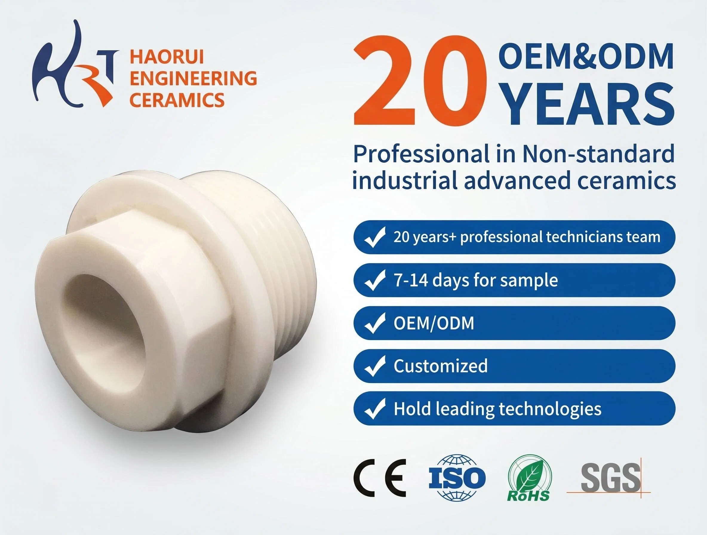Custom Zirconia Ceramic Threaded Fitting High Precision CNC Machined ZrO2 Ceramic Connector for Semiconductor Equipment